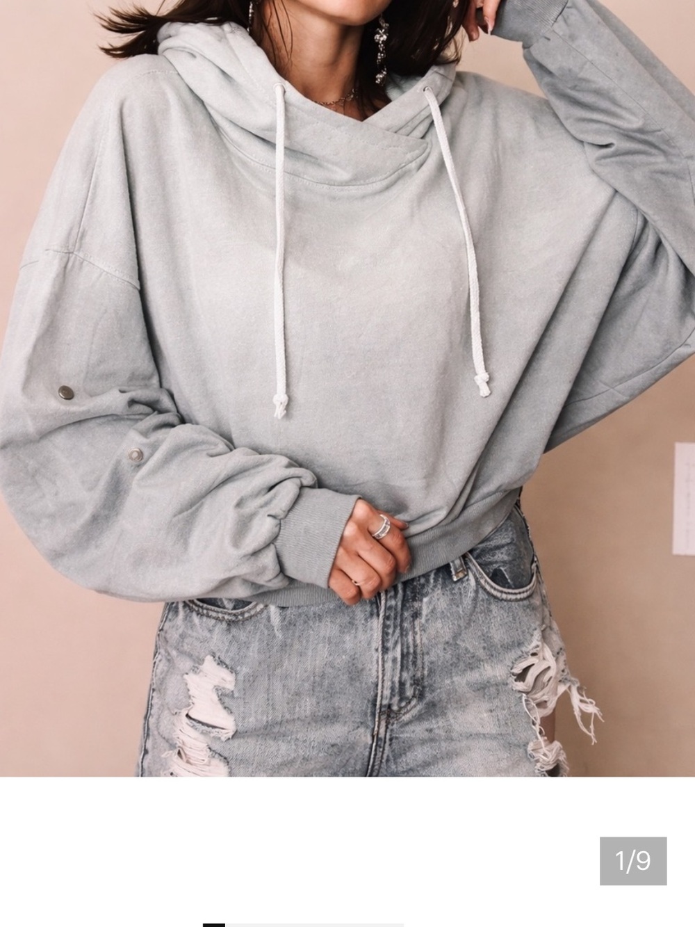 Young Fabulous & Broke Blue Oversized Cropped Hoodie Snap Sleeve S/M